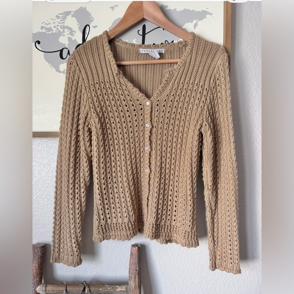 Versailles small acrylic woven knit cardigan tan